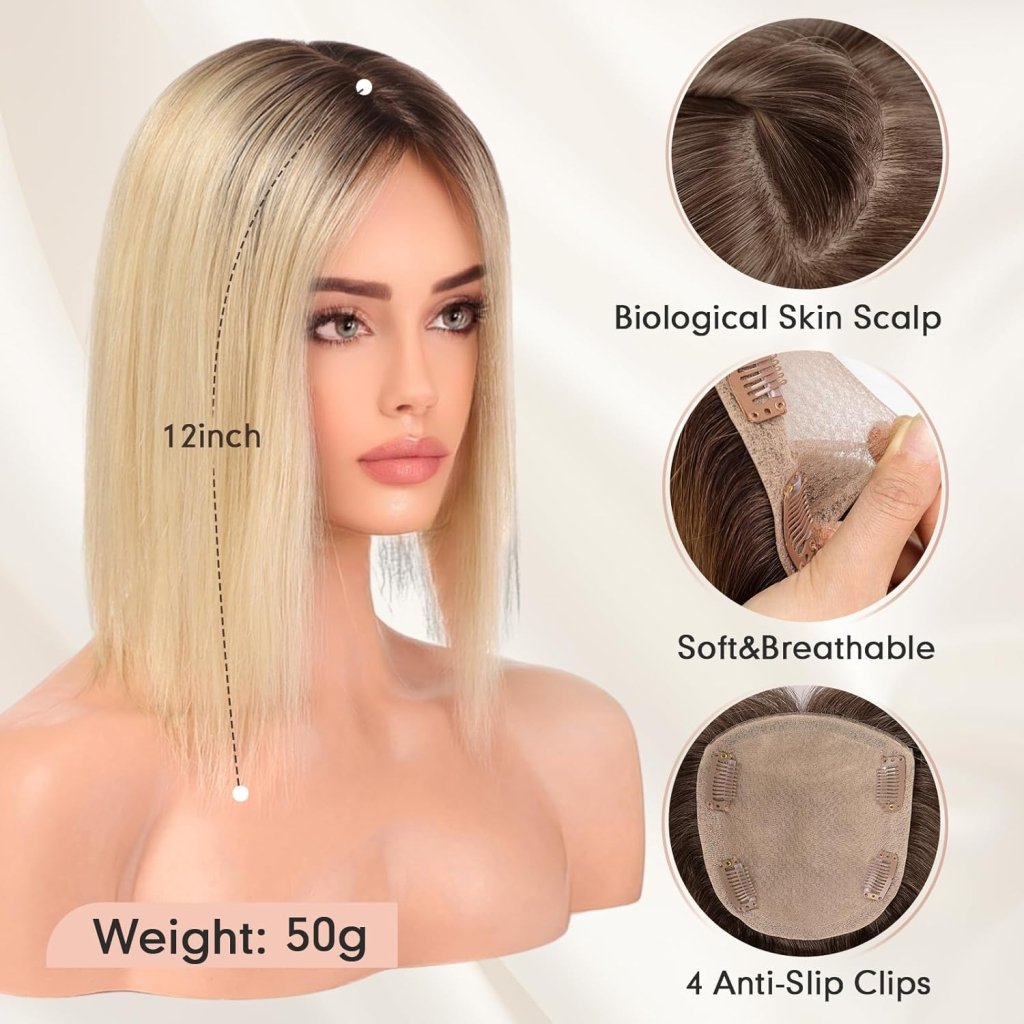 Hair Toppers for Women Real Human Hair 5"*5.5"Large Coverage Brown with Blond Highlight Hair Topper No Bangs - Wigtrends
