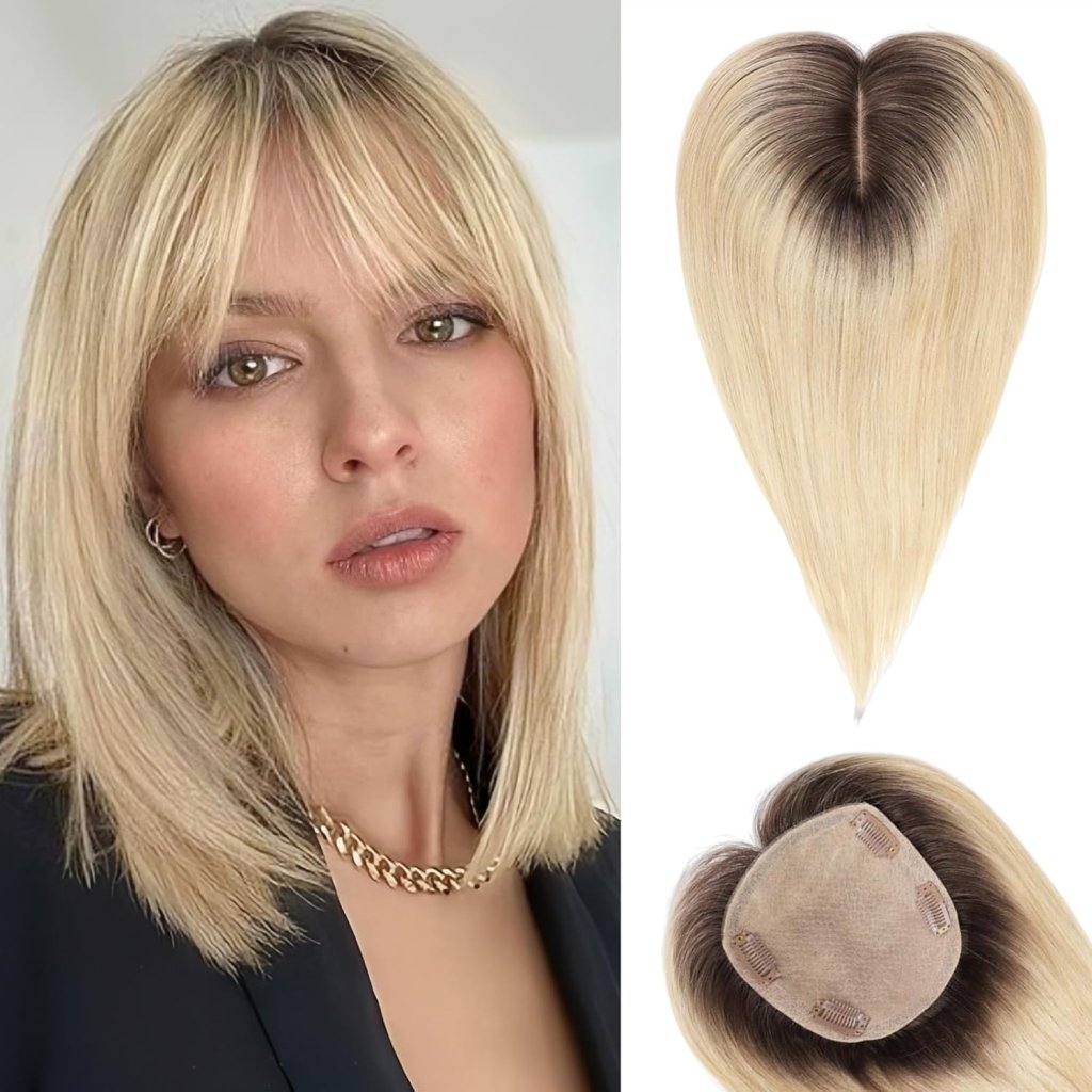 Hair Toppers for Women Real Human Hair 5"*5.5"Large Coverage Brown with Blond Highlight Hair Topper No Bangs - Wigtrends