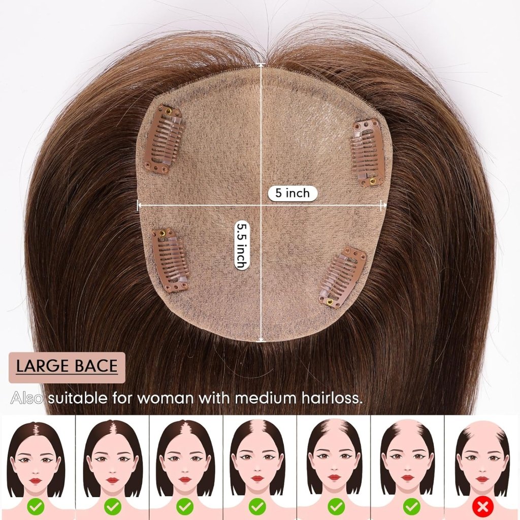 Hair Toppers for Women Real Human Hair 5"*5.5"Large Coverage Brown with Blond Highlight Hair Topper No Bangs - Wigtrends
