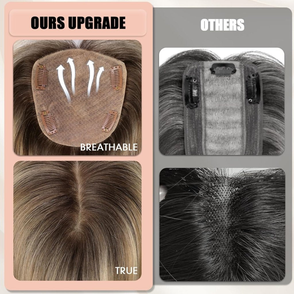 Hair Toppers for Women Real Human Hair 5"*5.5"Large Coverage Brown with Blond Highlight Hair Topper No Bangs - Wigtrends