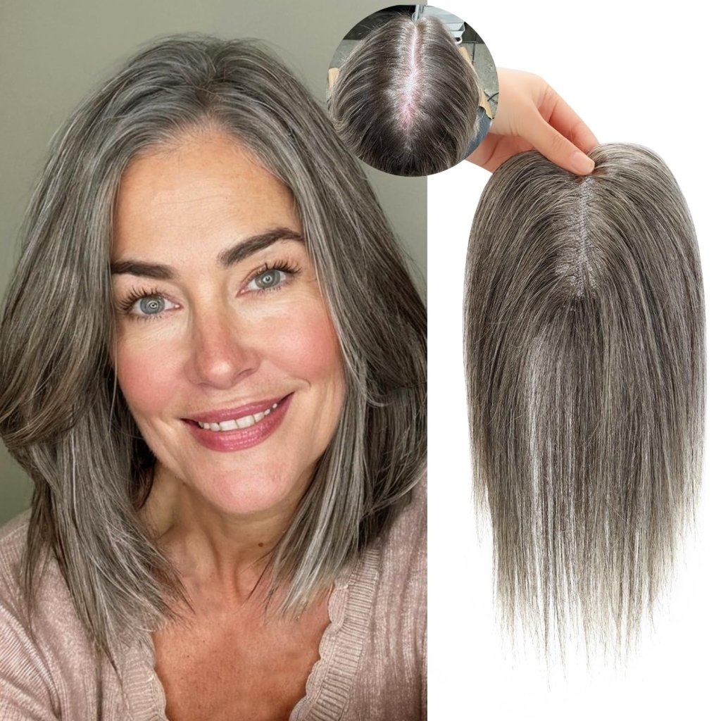 Hair Toppers for Women Real Human Hair Salt and Pepper Grey Human Hair Toppers 10 inch Dark Grey - Wigtrends
