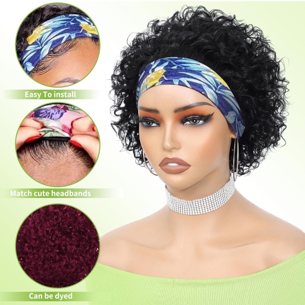 Headband Wig Human Hair Wigs for Black Women Pixie Cut Wig Short Curly Wig - Wigtrends