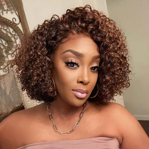 Highlight Chocolate Brown Bob Curly 13x4 Frontal Lace Wig - Wigtrends
