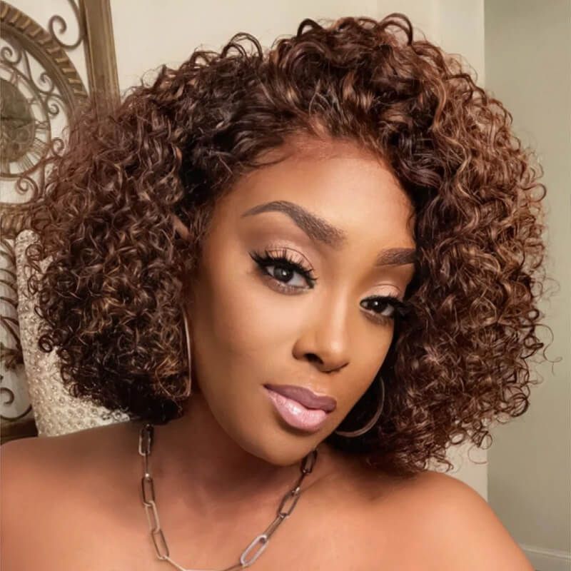 Highlight Chocolate Brown Bob Curly 13x4 Frontal Lace Wig - Wigtrends