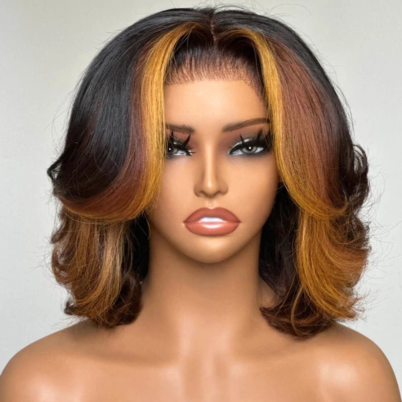 Highlights Layered Cut Bob Wig Mid-part Loose Wave Lace Wig - Wigtrends