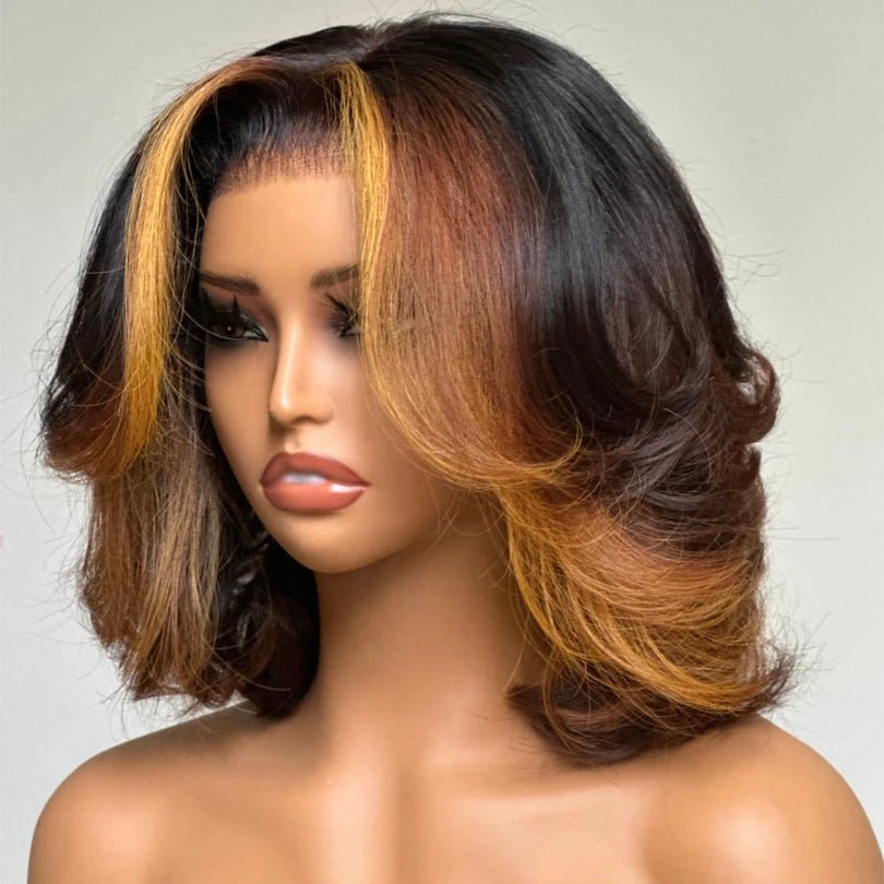 Highlights Layered Cut Bob Wig Mid-part Loose Wave Lace Wig - Wigtrends