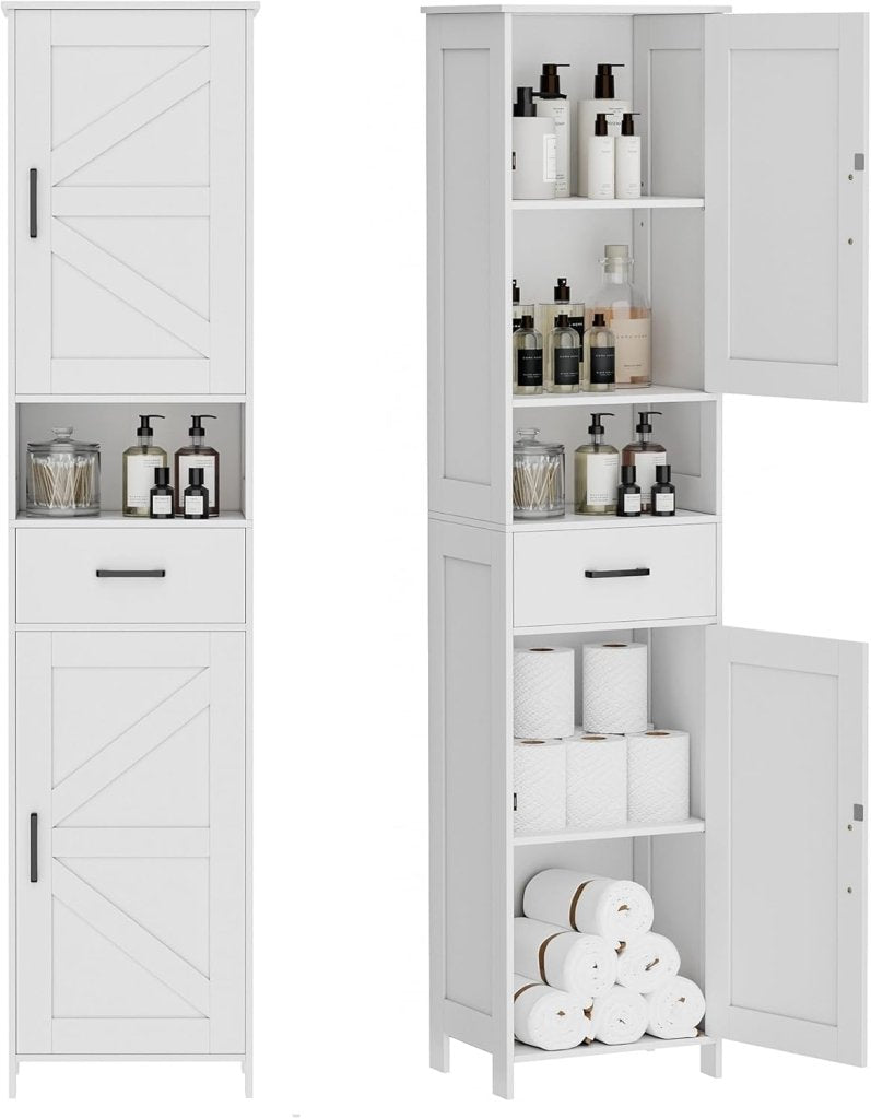 Homhedy 67" H Tall Bathroom Storage Cabinet with 2 Barn Doors and 1 Drawer, Narrow Storage Unit, Adjustable Shelves, Floor Cabinet for Bathroom, Living Room, Entryway, Kitchen, White, (15.7" W) - Wigtrends