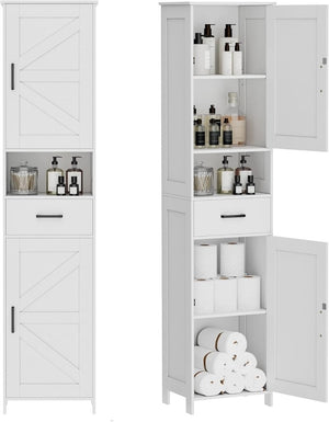 Homhedy 67" H Tall Bathroom Storage Cabinet with 2 Barn Doors and 1 Drawer, Narrow Storage Unit, Adjustable Shelves, Floor Cabinet for Bathroom, Living Room, Entryway, Kitchen, White, (15.7" W) - Wigtrends