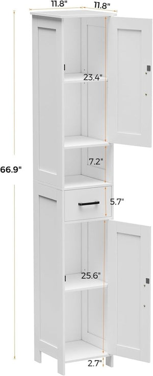 Homhedy 67" H Tall Bathroom Storage Cabinet with 2 Barn Doors and 1 Drawer, Narrow Storage Unit, Adjustable Shelves, Floor Cabinet for Bathroom, Living Room, Entryway, Kitchen, White, (15.7" W) - Wigtrends