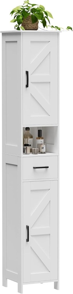 Homhedy 67" H Tall Bathroom Storage Cabinet with 2 Barn Doors and 1 Drawer, Narrow Storage Unit, Adjustable Shelves, Floor Cabinet for Bathroom, Living Room, Entryway, Kitchen, White, (15.7" W) - Wigtrends