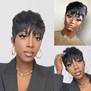 Human Hair Short Pixie Cut Wigs for Black/White Women Wavy Hair Wig with Bangs - Wigtrends