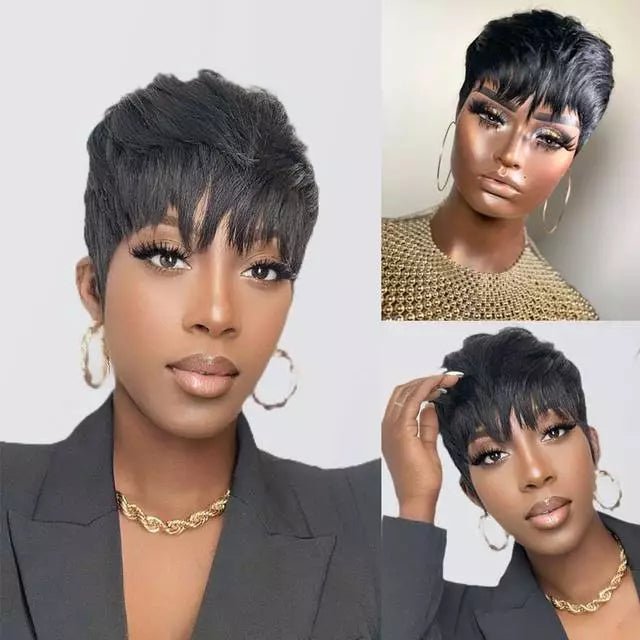 Human Hair Short Pixie Cut Wigs for Black/White Women Wavy Hair Wig with Bangs - Wigtrends