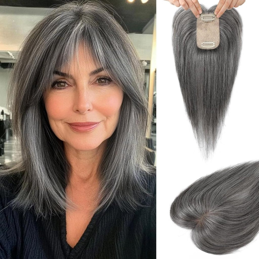 Human Hair Toppers for women 10 Inch Clip in Bangs 100% Human Hair Toppers for Thinning Hair Cover Hair Pieces with Silk Base - Silver White - Wigtrends