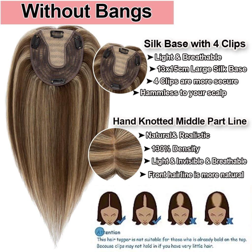 Human Hair Toppers For Women 100% Remy Topper With/Without Bangs 13*15CM Silk Base Clip In Topper 14inch - Blonde - Wigtrends