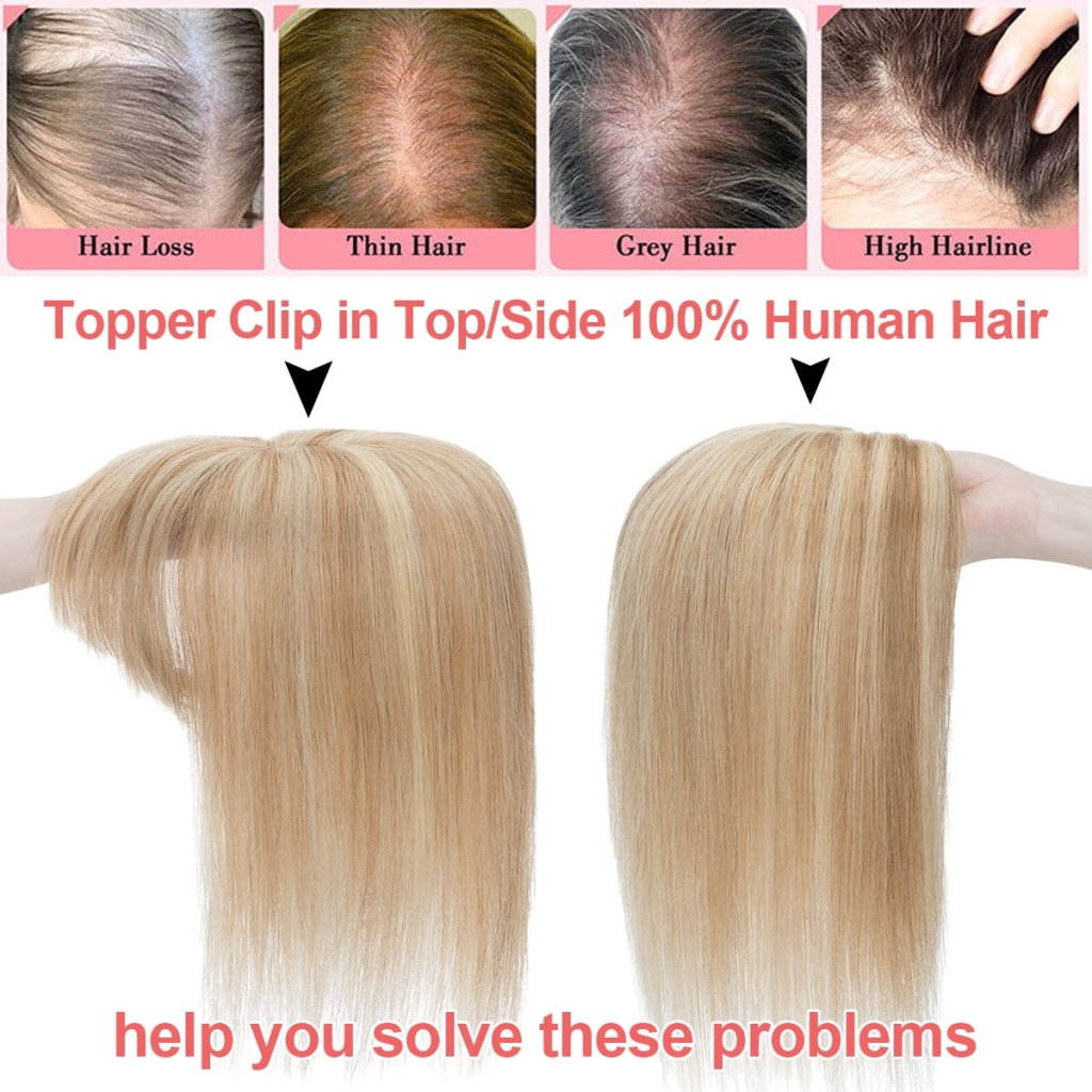 Human Hair Toppers For Women 100% Remy Topper With/Without Bangs 13*15CM Silk Base Clip In Topper 14inch - Blonde - Wigtrends