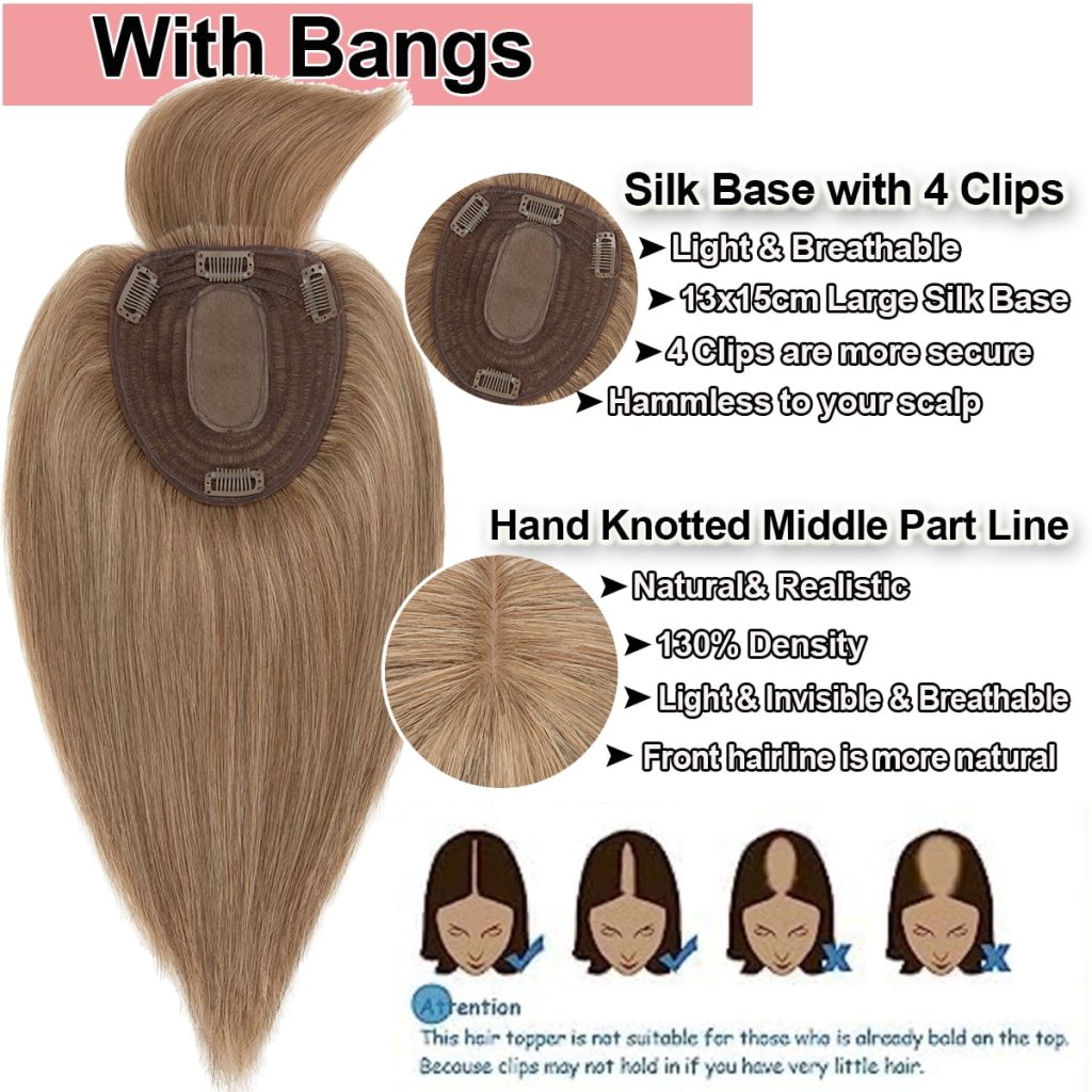 Human Hair Toppers For Women 100% Remy Topper With/Without Bangs 13*15CM Silk Base Clip In Topper 14inch - Blonde - Wigtrends