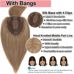 Human Hair Toppers For Women 100% Remy Topper With/Without Bangs 13*15CM Silk Base Clip In Topper 14inch - Blonde - Wigtrends
