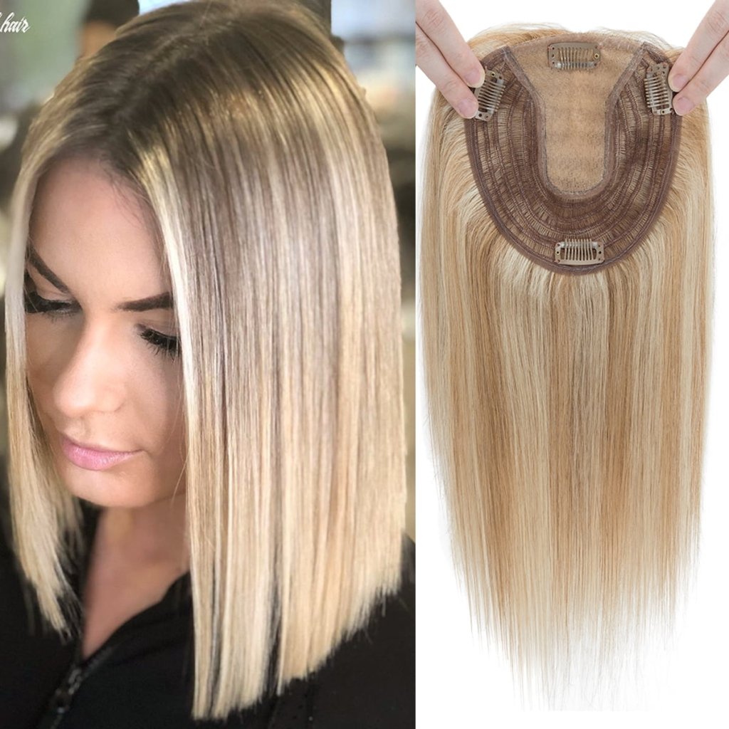 Human Hair Toppers For Women 100% Remy Topper With/Without Bangs 13*15CM Silk Base Clip In Topper 14inch - Blonde - Wigtrends