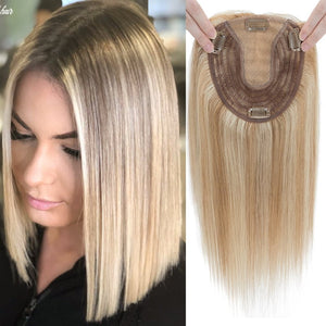 Human Hair Toppers For Women 100% Remy Topper With/Without Bangs 13*15CM Silk Base Clip In Topper 14inch - Blonde - Wigtrends