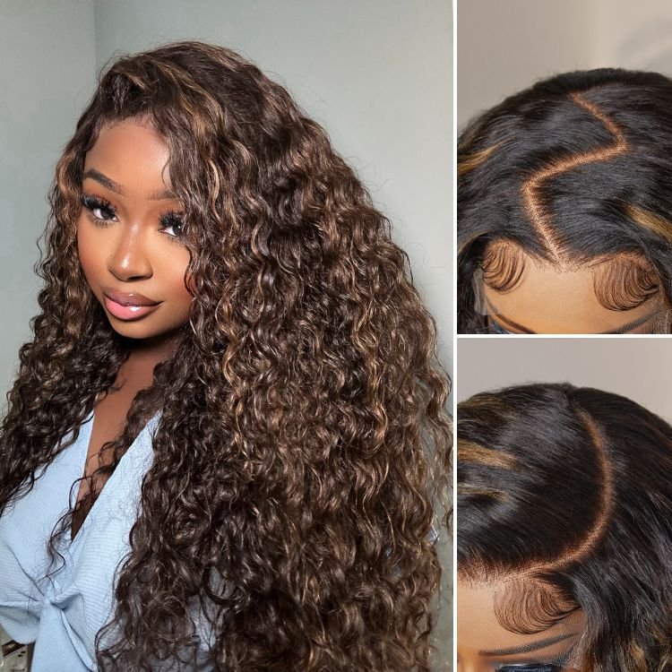 Human Hair Wig Glueless Wig Chestnut Brown Highlights 7x6 Closure HD Lace Long Curly Wig Breathable Cap - Wigtrends