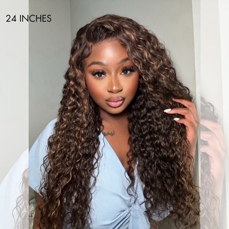 Human Hair Wig Glueless Wig Chestnut Brown Highlights 7x6 Closure HD Lace Long Curly Wig Breathable Cap - Wigtrends