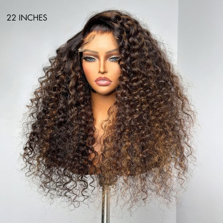 Human Hair Wig Glueless Wig Chestnut Brown Highlights 7x6 Closure HD Lace Long Curly Wig Breathable Cap - Wigtrends