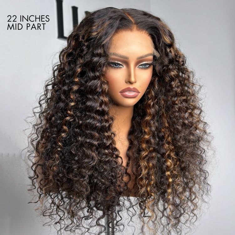 Human Hair Wig Glueless Wig Chestnut Brown Highlights 7x6 Closure HD Lace Long Curly Wig Breathable Cap - Wigtrends