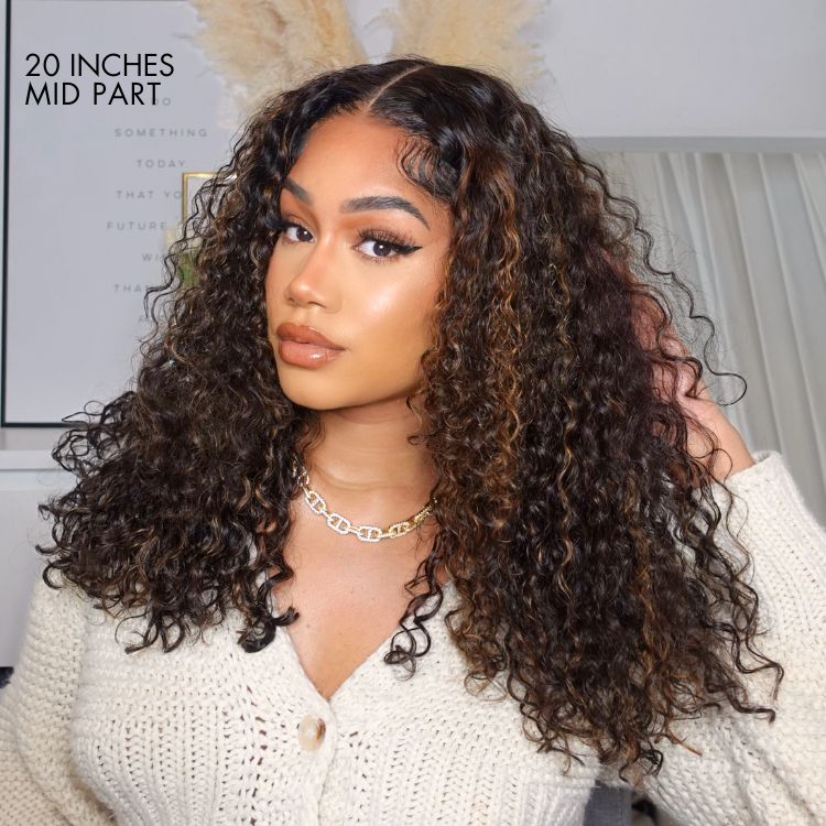 Human Hair Wig Glueless Wig Chestnut Brown Highlights 7x6 Closure HD Lace Long Curly Wig Breathable Cap - Wigtrends