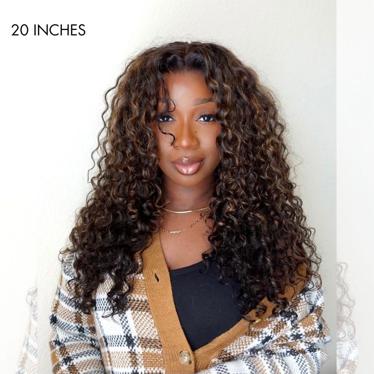 Human Hair Wig Glueless Wig Chestnut Brown Highlights 7x6 Closure HD Lace Long Curly Wig Breathable Cap - Wigtrends