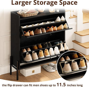 IRONCK Shoe Cabinet Storage with 2 Flip Drawers, Free Standing Wooden Shoe Storage Organizer Cabinet with Rattan Doors for Entryway, Narrow Shoe Rack Cabinet, Oak - Wigtrends