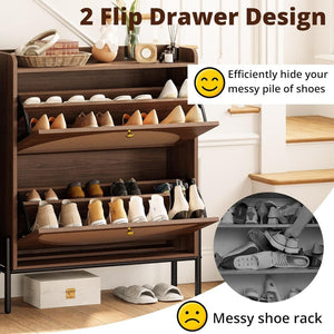 IRONCK Shoe Cabinet Storage with 2 Flip Drawers, Free Standing Wooden Shoe Storage Organizer Cabinet with Rattan Doors for Entryway, Narrow Shoe Rack Cabinet, Oak - Wigtrends