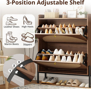 IRONCK Shoe Cabinet Storage with 2 Flip Drawers, Free Standing Wooden Shoe Storage Organizer Cabinet with Rattan Doors for Entryway, Narrow Shoe Rack Cabinet, Oak - Wigtrends