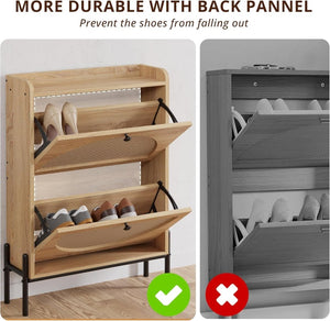 IRONCK Shoe Cabinet Storage with 2 Flip Drawers, Free Standing Wooden Shoe Storage Organizer Cabinet with Rattan Doors for Entryway, Narrow Shoe Rack Cabinet, Oak - Wigtrends