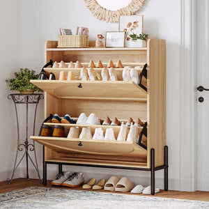 IRONCK Shoe Cabinet Storage with 2 Flip Drawers, Free Standing Wooden Shoe Storage Organizer Cabinet with Rattan Doors for Entryway, Narrow Shoe Rack Cabinet, Oak - Wigtrends
