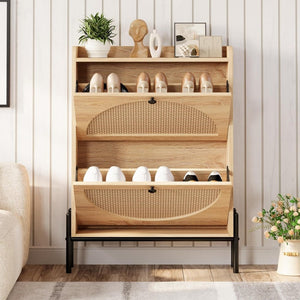 IRONCK Shoe Cabinet Storage with 2 Flip Drawers, Free Standing Wooden Shoe Storage Organizer Cabinet with Rattan Doors for Entryway, Narrow Shoe Rack Cabinet, Oak - Wigtrends