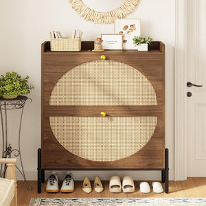 IRONCK Shoe Cabinet Storage with 2 Flip Drawers, Free Standing Wooden Shoe Storage Organizer Cabinet with Rattan Doors for Entryway, Narrow Shoe Rack Cabinet, Oak - Wigtrends