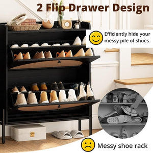 IRONCK Shoe Cabinet Storage with 2 Flip Drawers, Free Standing Wooden Shoe Storage Organizer Cabinet with Rattan Doors for Entryway, Narrow Shoe Rack Cabinet, Oak - Wigtrends