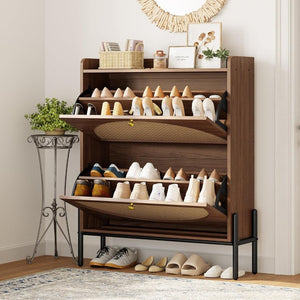 IRONCK Shoe Cabinet Storage with 2 Flip Drawers, Free Standing Wooden Shoe Storage Organizer Cabinet with Rattan Doors for Entryway, Narrow Shoe Rack Cabinet, Oak - Wigtrends