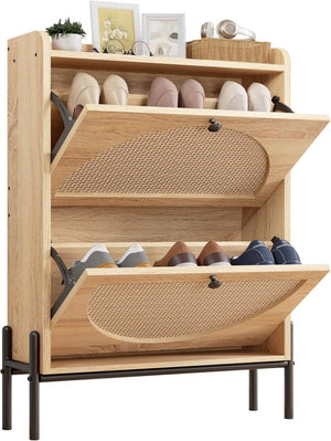 IRONCK Shoe Cabinet Storage with 2 Flip Drawers, Free Standing Wooden Shoe Storage Organizer Cabinet with Rattan Doors for Entryway, Narrow Shoe Rack Cabinet, Oak - Wigtrends