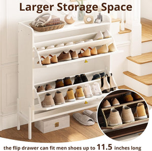 IRONCK Shoe Cabinet Storage with 2 Flip Drawers, Free Standing Wooden Shoe Storage Organizer Cabinet with Rattan Doors for Entryway, Narrow Shoe Rack Cabinet, Oak - Wigtrends