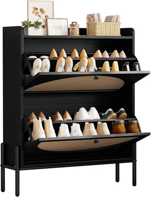 IRONCK Shoe Cabinet Storage with 2 Flip Drawers, Free Standing Wooden Shoe Storage Organizer Cabinet with Rattan Doors for Entryway, Narrow Shoe Rack Cabinet, Oak - Wigtrends