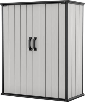 Keter Premier Tall 4.6 x 5.6 ft. Resin Outdoor Storage Shed with Shelving Brackets for Patio Furniture, Pool Accessories, and Bikes, Grey & Black - Wigtrends