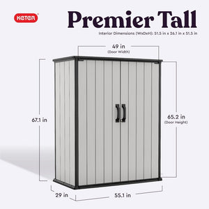 Keter Premier Tall 4.6 x 5.6 ft. Resin Outdoor Storage Shed with Shelving Brackets for Patio Furniture, Pool Accessories, and Bikes, Grey & Black - Wigtrends
