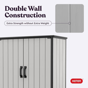 Keter Premier Tall 4.6 x 5.6 ft. Resin Outdoor Storage Shed with Shelving Brackets for Patio Furniture, Pool Accessories, and Bikes, Grey & Black - Wigtrends