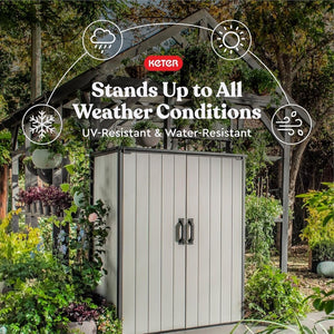 Keter Premier Tall 4.6 x 5.6 ft. Resin Outdoor Storage Shed with Shelving Brackets for Patio Furniture, Pool Accessories, and Bikes, Grey & Black - Wigtrends