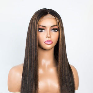 Kinky Straight Chestnut Brown Highlights Glueless Lace Front Wig - Wigtrends