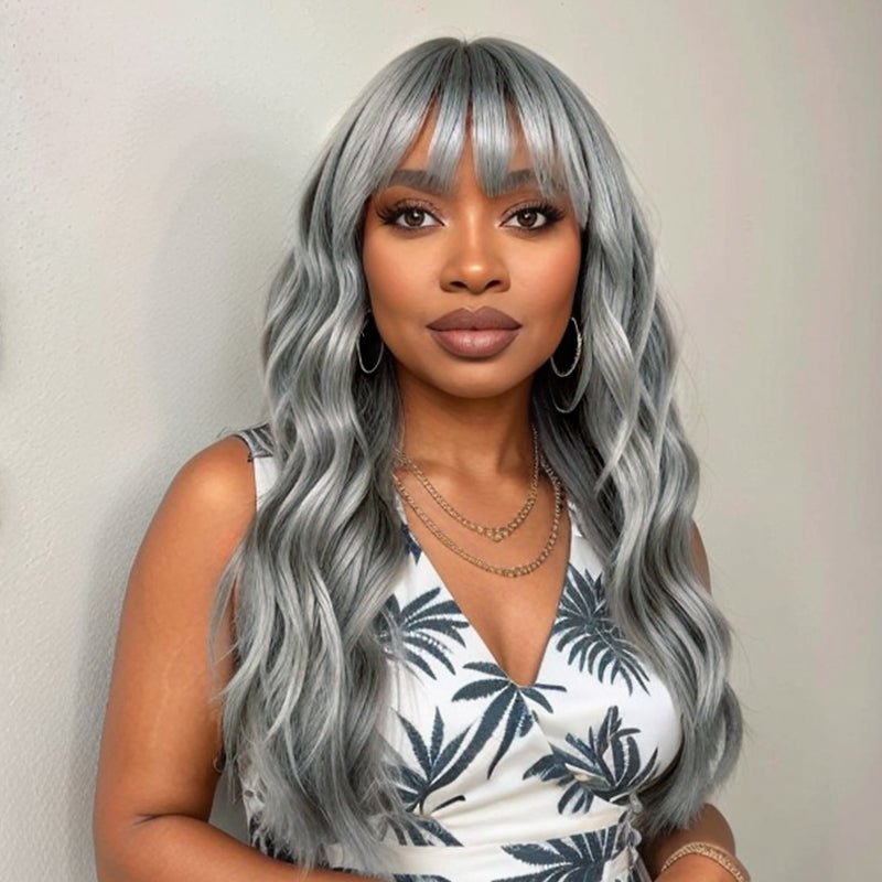 Gray human hair wigs with bangs hotsell