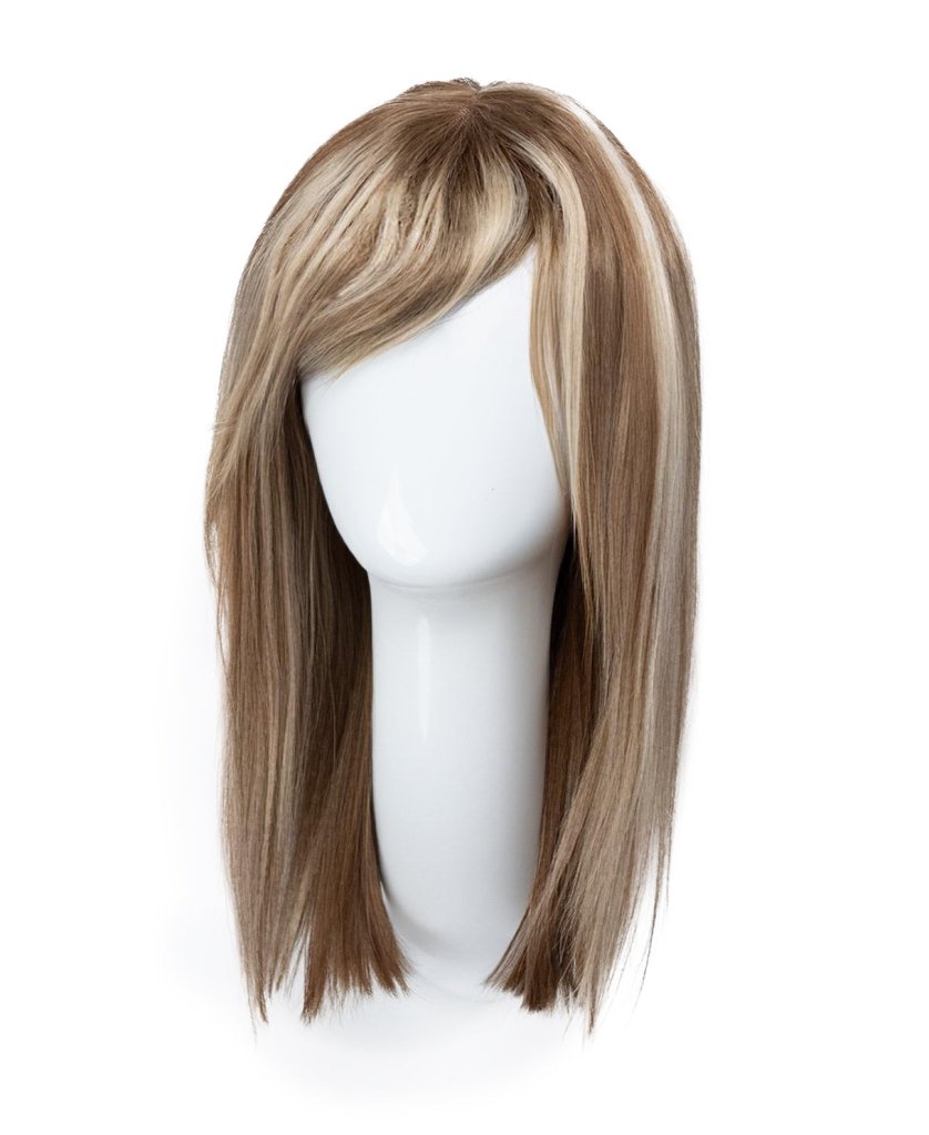 long bob with fringe Synthetic Hair wig - 16" blonde highlights. - Wigtrends