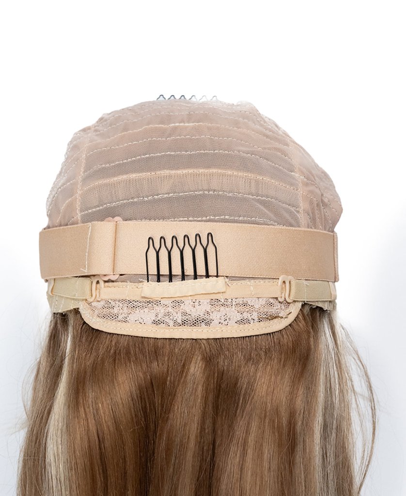 long bob with fringe Synthetic Hair wig - 16" blonde highlights. - Wigtrends