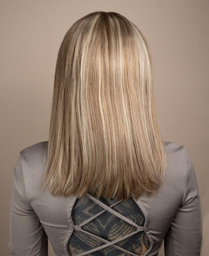 long bob with fringe Synthetic Hair wig - 16" blonde highlights. - Wigtrends